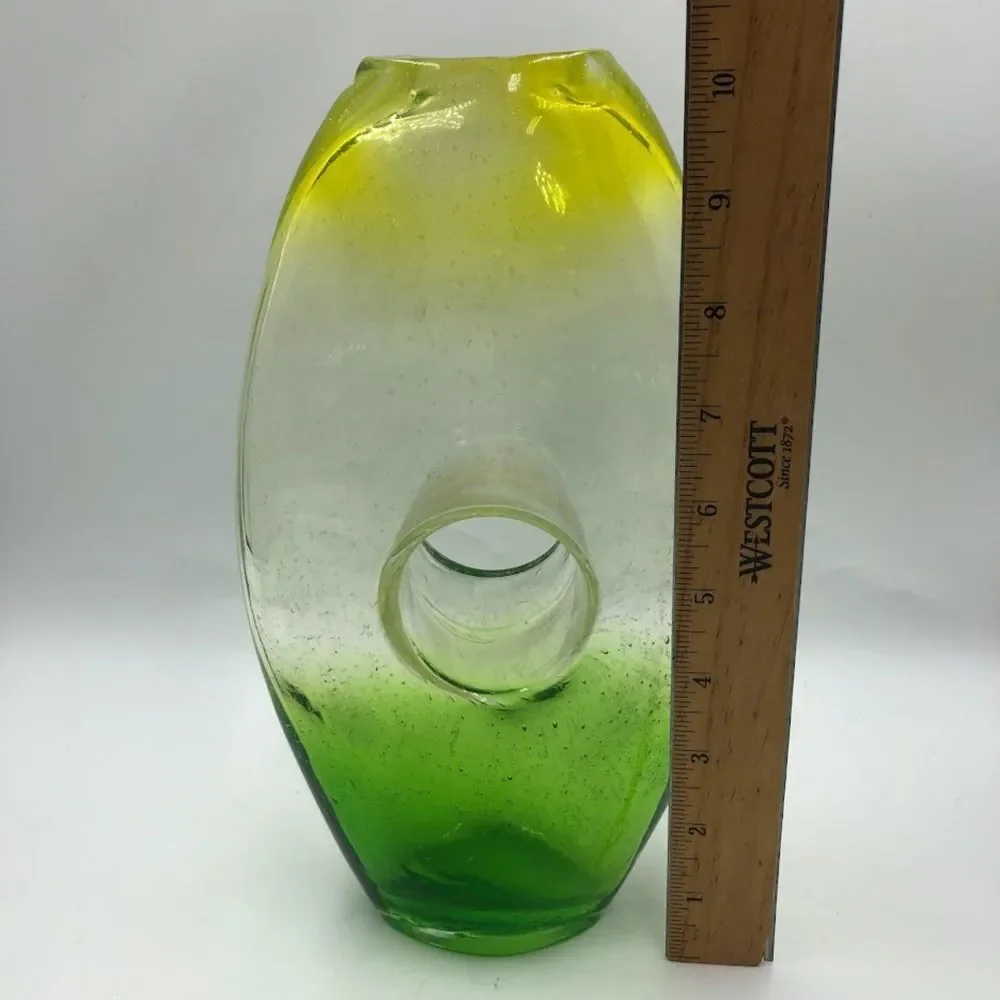 Vintage Ombre Yellow Green Clear Handblown Glass Tabletop Art Vase Décor Indoor